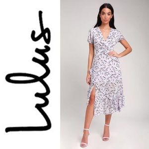Lulus Petals and Poetry Lavender Floral Print Ruffled Midi Dress Size Lg NWOT